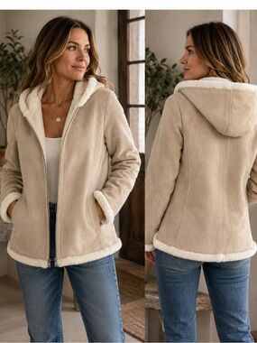 STATIC SHERPA LINED SUEDE ZIP UP HOODED JACKET